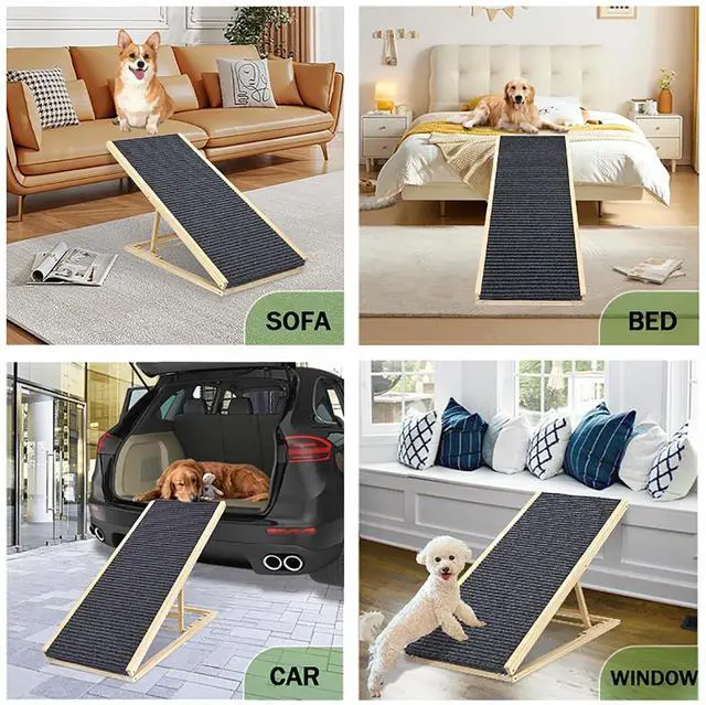 Alt view image 5 of 7 - Folding Dog Ramp for Bed and Couch, 39.4" Long Dog Steps with 5 Adjustable Height 20" to 31", Foldable Wooden Pet Stairs with Non-Slip Rubber Surface for Small Dogs to Get on Car, Hold up to 80lb