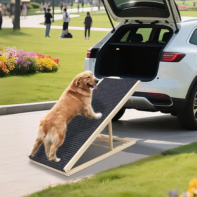 Alt view image 6 of 7 - Folding Dog Ramp for Bed and Couch, 39.4" Long Dog Steps with 5 Adjustable Height 20" to 31", Foldable Wooden Pet Stairs with Non-Slip Rubber Surface for Small Dogs to Get on Car, Hold up to 80lb