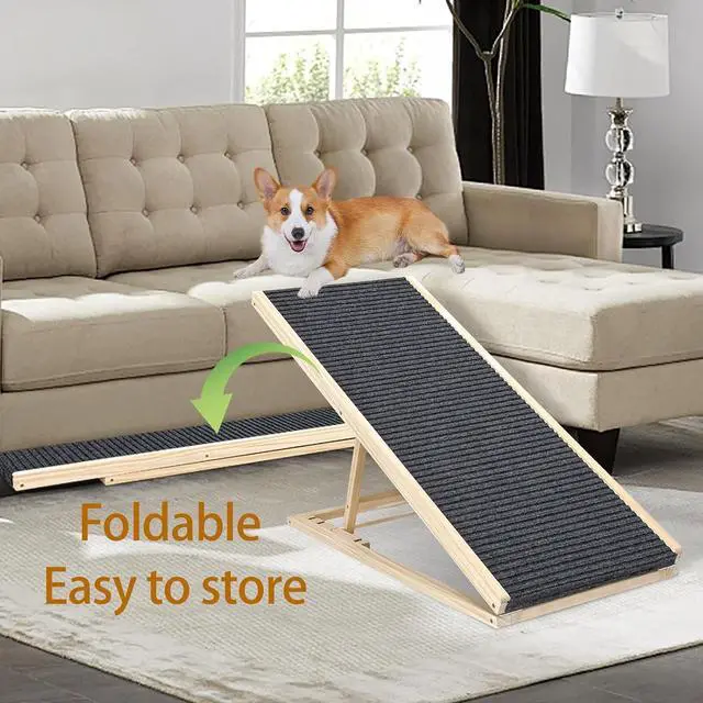 Alt view image 4 of 7 - Folding Dog Ramp for Bed and Couch, 39.4" Long Dog Steps with 5 Adjustable Height 20" to 31", Foldable Wooden Pet Stairs with Non-Slip Rubber Surface for Small Dogs to Get on Car, Hold up to 80lb