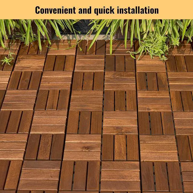 Alt view image 2 of 7 - 20PCS Wooden Interlocking Deck Tiles,12" x 12" Square Floor Tiles, Modular Acacia Hardwood Patio Flooring Mats Outdoor Waterproof,Garage Floor Tiles for Bancony,Pool Side,Checker Pattern,Brown