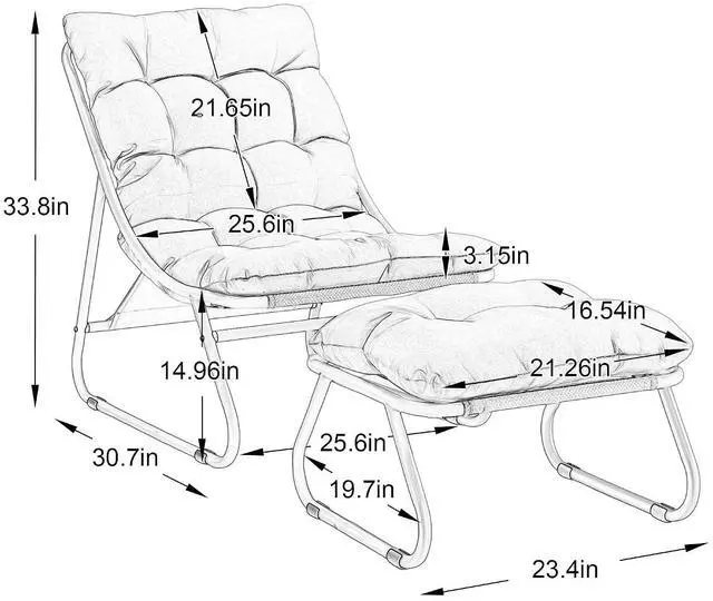Alt view image 2 of 7 - Outdoor Patio Chair with Foot Stool, Corduroy Armless Accent Lounge Chair with Removable Puffy Cushion, Metal Frame and Footrest for Living Room, Bedroom, Reading Room, Pink