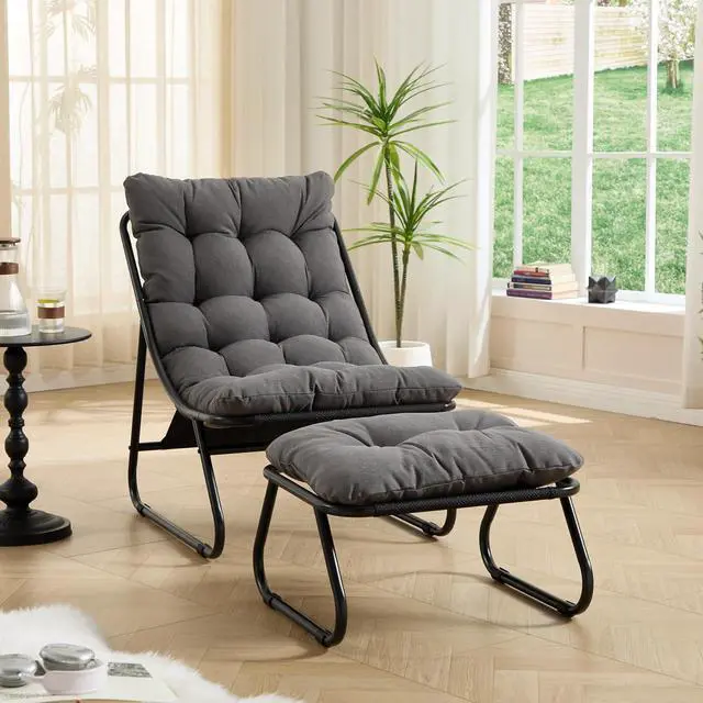 Alt view image 3 of 7 - Outdoor Patio Chair with Foot Stool, Armless Accent Lounge Chair with Removable Staple Fiber Frabric Cushion, Metal Frame and Footrest for Living Room, Bedroom, Reading Room, Grey