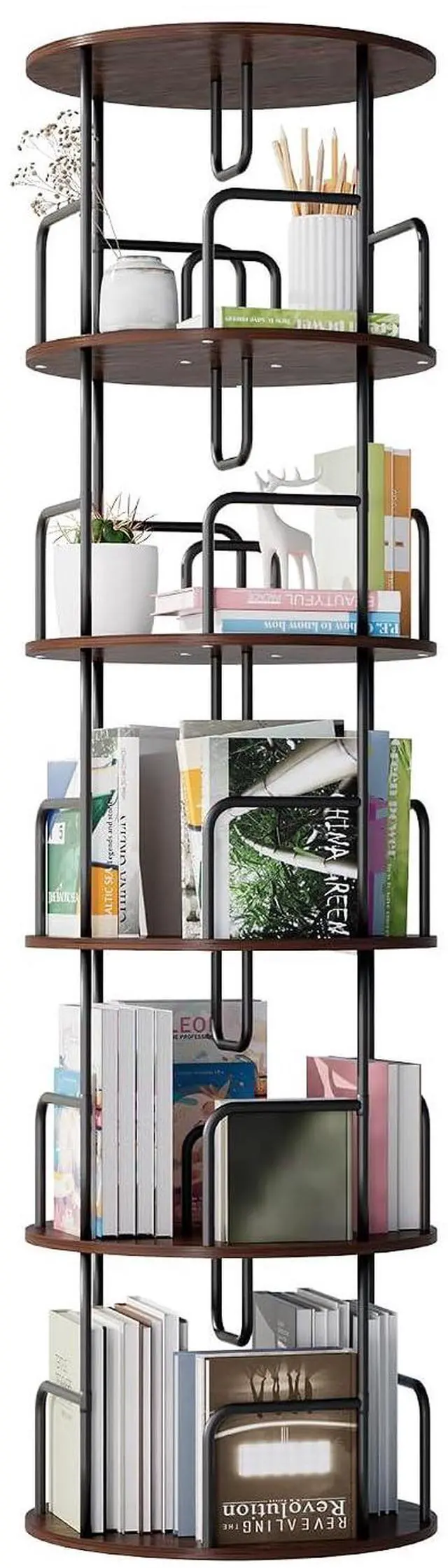 Main image of 5 Tier Corner Bookshelf, 360° Rotating Metal Tall Bookcase wit Book Stopper, Space Saving Round Display Shelf Storage Tower, Plant Standing Organizer for Bedroom, Living Room, Small Space, Walnut