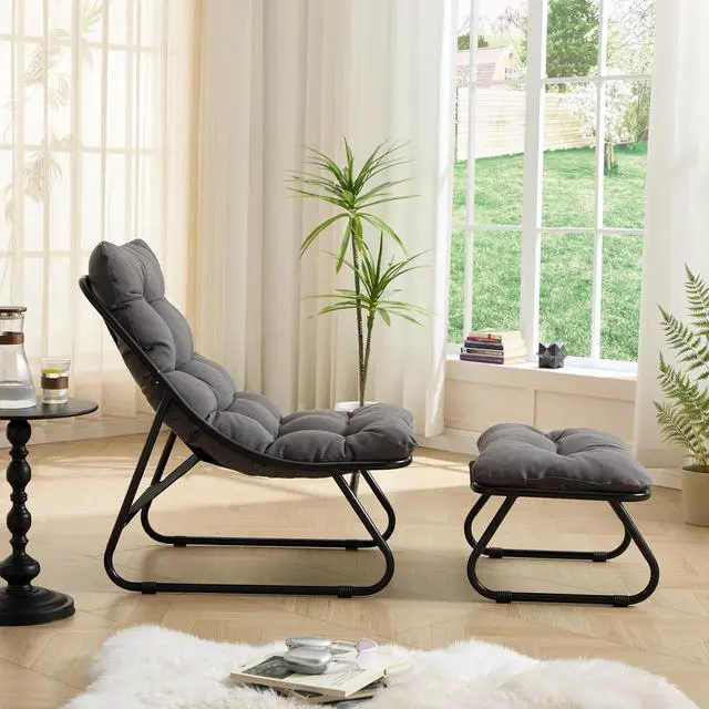 Alt view image 4 of 7 - Outdoor Patio Chair with Foot Stool, Armless Accent Lounge Chair with Removable Staple Fiber Frabric Cushion, Metal Frame and Footrest for Living Room, Bedroom, Reading Room, Grey