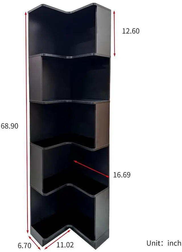 Alt view image 2 of 7 - 5 Tier Corner Bookshelf with LED Lights, L Shaped Wooden Book Shelves with Baffle, Round Edge Freestanding Tall Bookcase, Display Shelf Storage Stand for Living Room, Bedroom, Kitchen, Office, Black