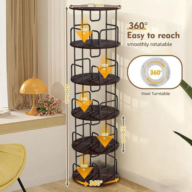 Alt view image 3 of 7 - 5 Tier Corner Bookshelf, 360° Rotating Metal Tall Bookcase wit Book Stopper, Space Saving Round Display Shelf Storage Tower, Plant Standing Organizer for Bedroom, Living Room, Small Space, Walnut