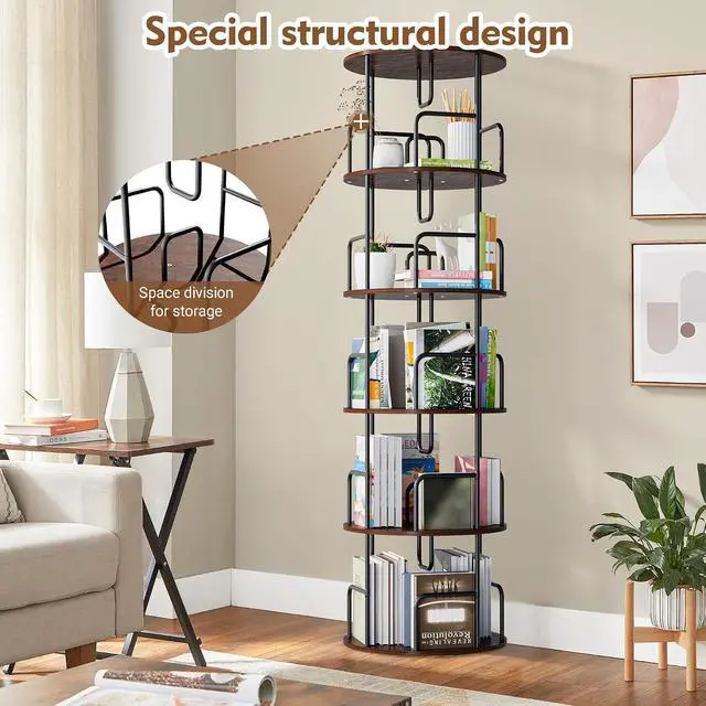 Alt view image 4 of 7 - 5 Tier Corner Bookshelf, 360° Rotating Metal Tall Bookcase wit Book Stopper, Space Saving Round Display Shelf Storage Tower, Plant Standing Organizer for Bedroom, Living Room, Small Space, Walnut