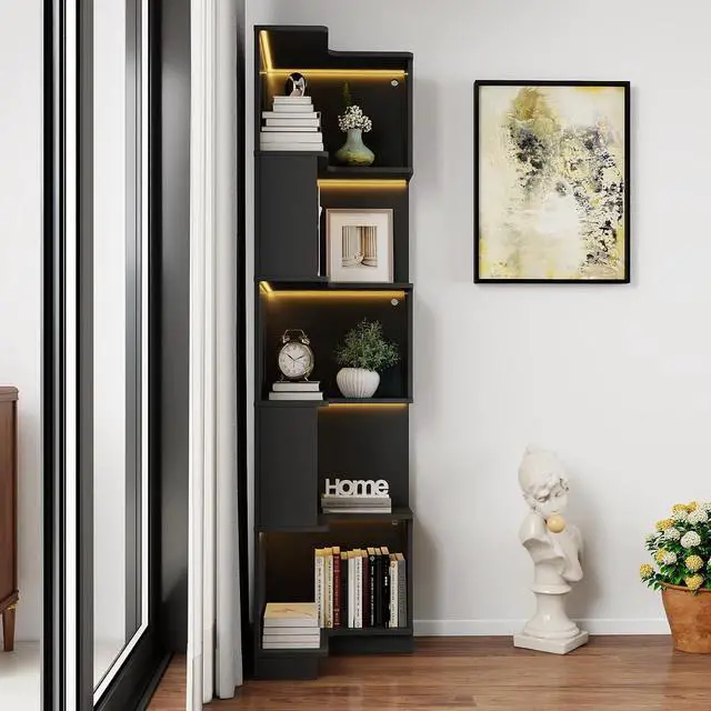 Alt view image 3 of 7 - 5 Tier Corner Bookshelf with LED Lights, L Shaped Wooden Book Shelves with Baffle, Round Edge Freestanding Tall Bookcase, Display Shelf Storage Stand for Living Room, Bedroom, Kitchen, Office, Black