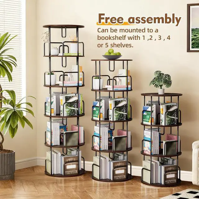 Alt view image 7 of 7 - 5 Tier Corner Bookshelf, 360° Rotating Metal Tall Bookcase wit Book Stopper, Space Saving Round Display Shelf Storage Tower, Plant Standing Organizer for Bedroom, Living Room, Small Space, Walnut