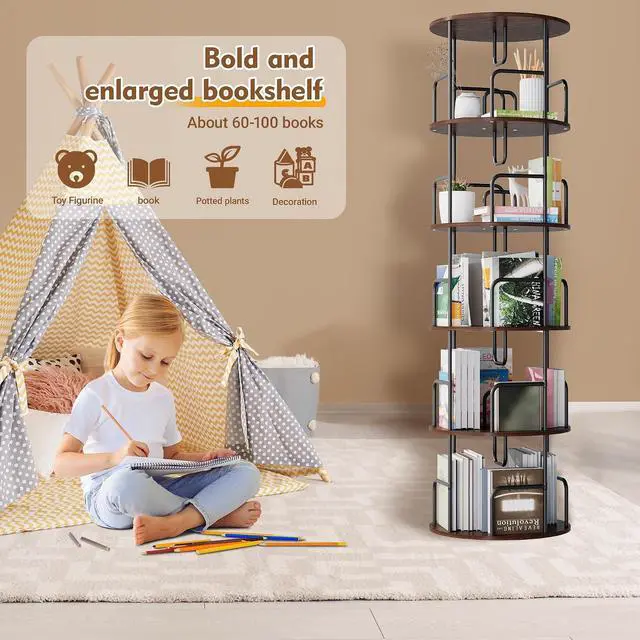 Alt view image 6 of 7 - 5 Tier Corner Bookshelf, 360° Rotating Metal Tall Bookcase wit Book Stopper, Space Saving Round Display Shelf Storage Tower, Plant Standing Organizer for Bedroom, Living Room, Small Space, Walnut