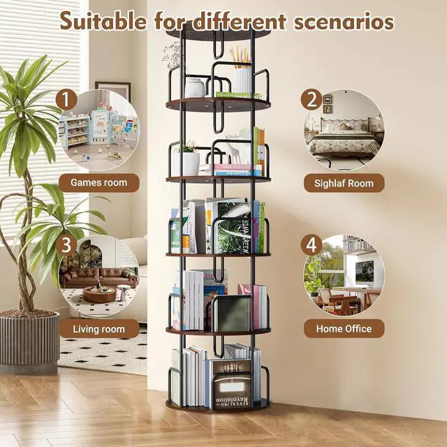 Alt view image 5 of 7 - 5 Tier Corner Bookshelf, 360° Rotating Metal Tall Bookcase wit Book Stopper, Space Saving Round Display Shelf Storage Tower, Plant Standing Organizer for Bedroom, Living Room, Small Space, Walnut