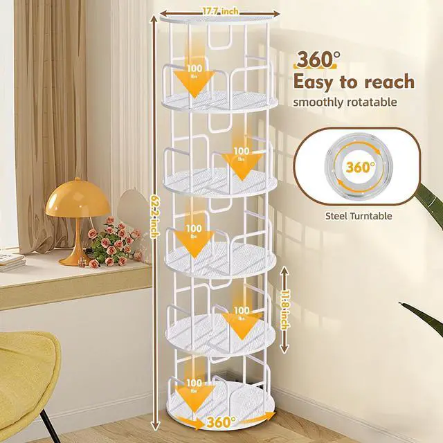 Alt view image 3 of 7 - 5 Tier Corner Bookshelf, 360° Rotating Metal Tall Bookcase wit Book Stopper, Space Saving Round Display Shelf Storage Tower, Plant Standing Organizer for Bedroom, Living Room, Small Space, White