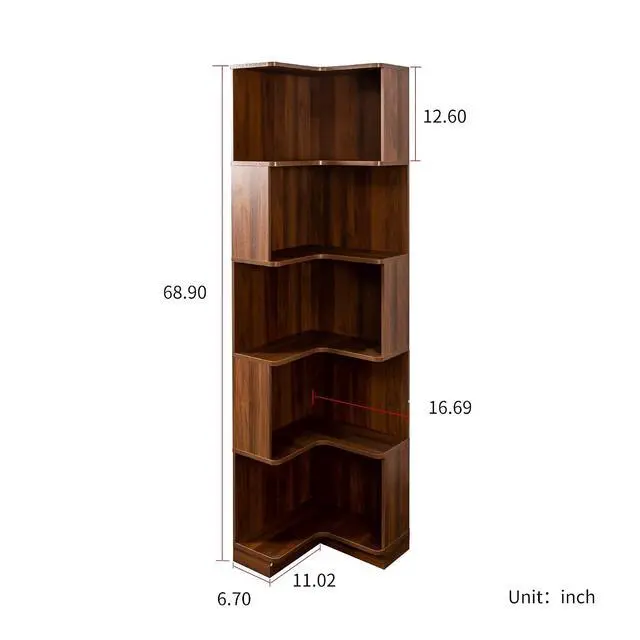 Alt view image 2 of 7 - 5 Tier Corner Bookshelf with LED Lights, L Shaped Wooden Book Shelves with Baffle, Round Edge Freestanding Tall Bookcase, Display Shelf Storage Stand for Living Room, Bedroom, Kitchen, Office, Walnut