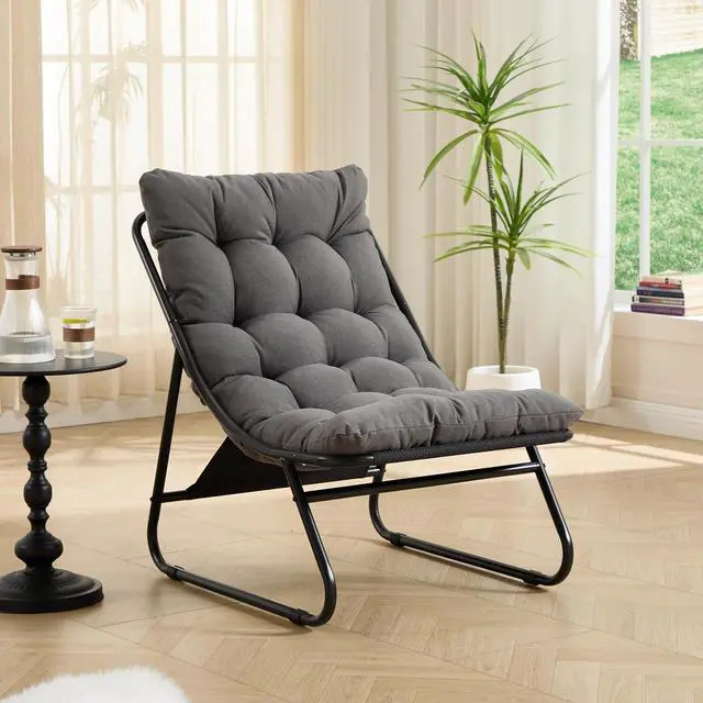 Alt view image 5 of 7 - Outdoor Patio Chair with Foot Stool, Armless Accent Lounge Chair with Removable Staple Fiber Frabric Cushion, Metal Frame and Footrest for Living Room, Bedroom, Reading Room, Grey