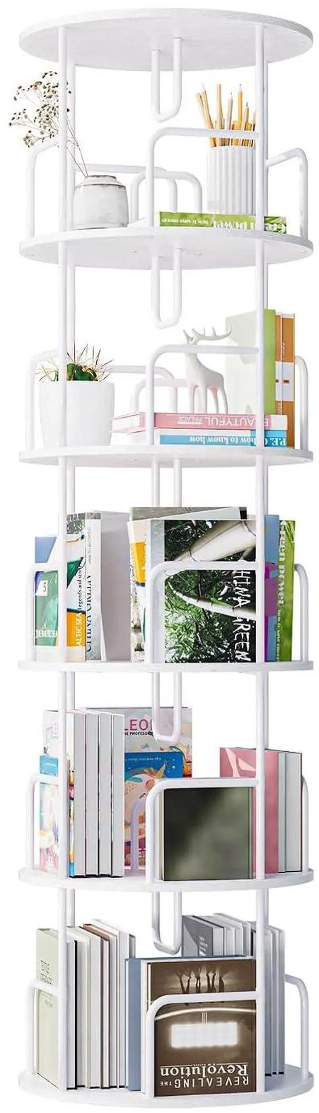 Main image of 5 Tier Corner Bookshelf, 360° Rotating Metal Tall Bookcase wit Book Stopper, Space Saving Round Display Shelf Storage Tower, Plant Standing Organizer for Bedroom, Living Room, Small Space, White