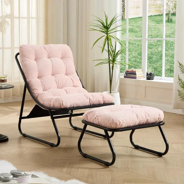 Main image of Outdoor Patio Chair with Foot Stool, Corduroy Armless Accent Lounge Chair with Removable Puffy Cushion, Metal Frame and Footrest for Living Room, Bedroom, Reading Room, Pink