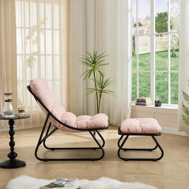 Alt view image 4 of 7 - Outdoor Patio Chair with Foot Stool, Corduroy Armless Accent Lounge Chair with Removable Puffy Cushion, Metal Frame and Footrest for Living Room, Bedroom, Reading Room, Pink