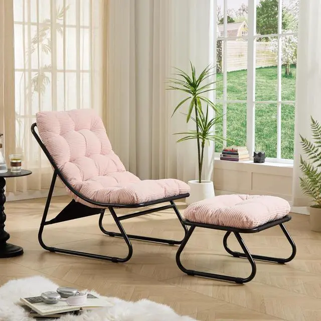 Alt view image 3 of 7 - Outdoor Patio Chair with Foot Stool, Corduroy Armless Accent Lounge Chair with Removable Puffy Cushion, Metal Frame and Footrest for Living Room, Bedroom, Reading Room, Pink