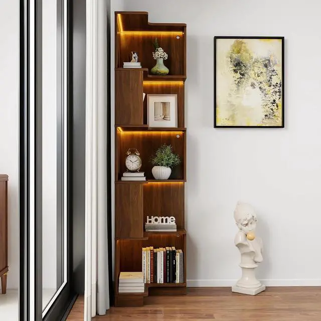 Alt view image 3 of 7 - 5 Tier Corner Bookshelf with LED Lights, L Shaped Wooden Book Shelves with Baffle, Round Edge Freestanding Tall Bookcase, Display Shelf Storage Stand for Living Room, Bedroom, Kitchen, Office, Walnut