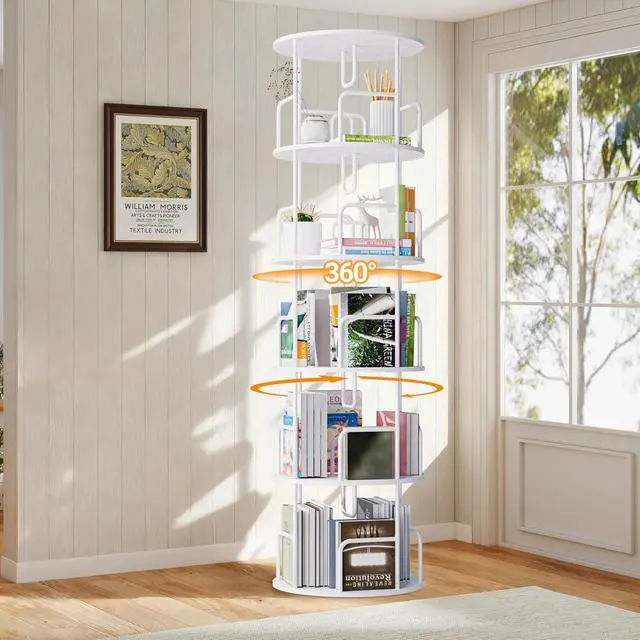 Alt view image 2 of 7 - 5 Tier Corner Bookshelf, 360° Rotating Metal Tall Bookcase wit Book Stopper, Space Saving Round Display Shelf Storage Tower, Plant Standing Organizer for Bedroom, Living Room, Small Space, White