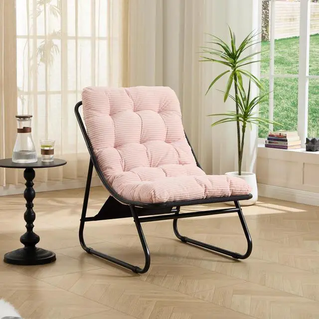 Alt view image 5 of 7 - Outdoor Patio Chair with Foot Stool, Corduroy Armless Accent Lounge Chair with Removable Puffy Cushion, Metal Frame and Footrest for Living Room, Bedroom, Reading Room, Pink