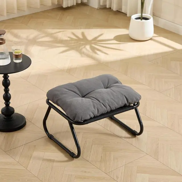 Alt view image 6 of 7 - Outdoor Patio Chair with Foot Stool, Armless Accent Lounge Chair with Removable Staple Fiber Frabric Cushion, Metal Frame and Footrest for Living Room, Bedroom, Reading Room, Grey