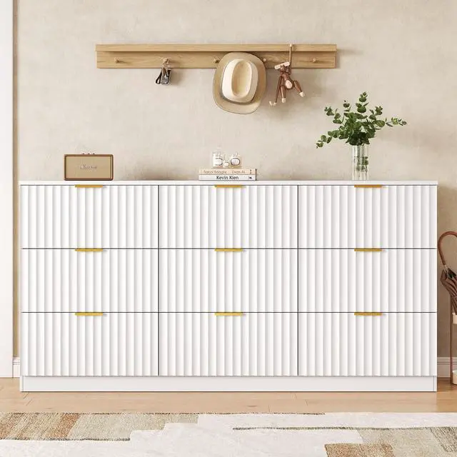 Alt view image 3 of 7 - 60.3" Wide Fluted 9 Drawer Dresser for Bedroom, White | Modern Dresser for Closet with Metal Handle, Wooden Chest of Drawers for Bedroom, Living Room, Hallway