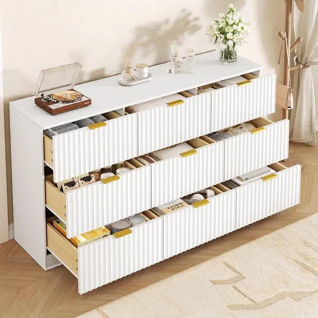 Alt view image 5 of 7 - 60.3" Wide Fluted 9 Drawer Dresser for Bedroom, White | Modern Dresser for Closet with Metal Handle, Wooden Chest of Drawers for Bedroom, Living Room, Hallway