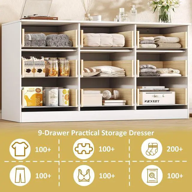 Alt view image 6 of 7 - 60.3" Wide Fluted 9 Drawer Dresser for Bedroom, White | Modern Dresser for Closet with Metal Handle, Wooden Chest of Drawers for Bedroom, Living Room, Hallway