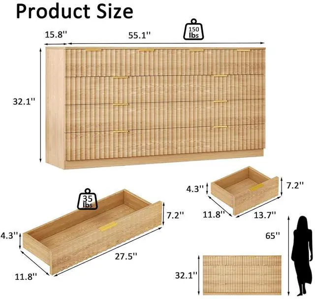 Alt view image 2 of 7 - 55.1" Wide Fluted 10 Drawer Dresser for Bedroom, Natural | Modern Dresser for Closet with Metal Handle, Wooden Chest of Drawers for Bedroom, Living Room, Hallway