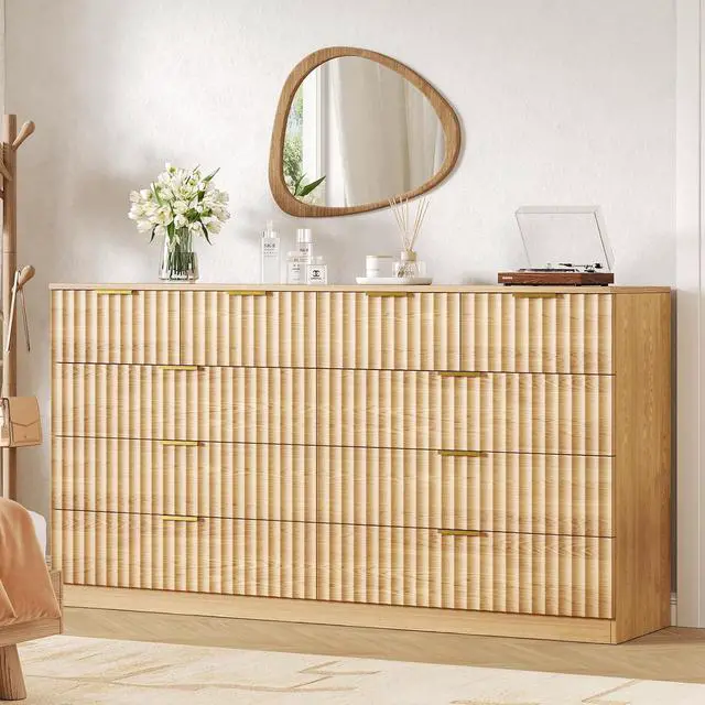 Main image of 55.1" Wide Fluted 10 Drawer Dresser for Bedroom, Natural | Modern Dresser for Closet with Metal Handle, Wooden Chest of Drawers for Bedroom, Living Room, Hallway