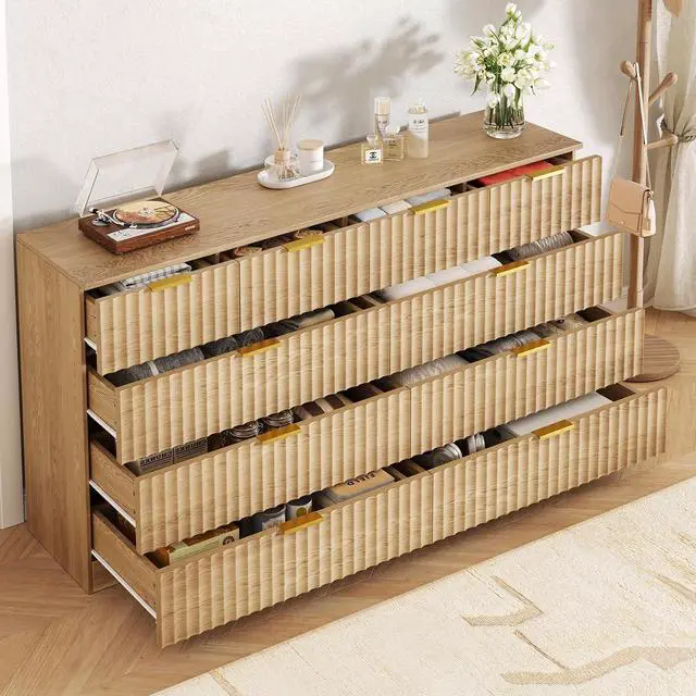 Alt view image 5 of 7 - 55.1" Wide Fluted 10 Drawer Dresser for Bedroom, Natural | Modern Dresser for Closet with Metal Handle, Wooden Chest of Drawers for Bedroom, Living Room, Hallway