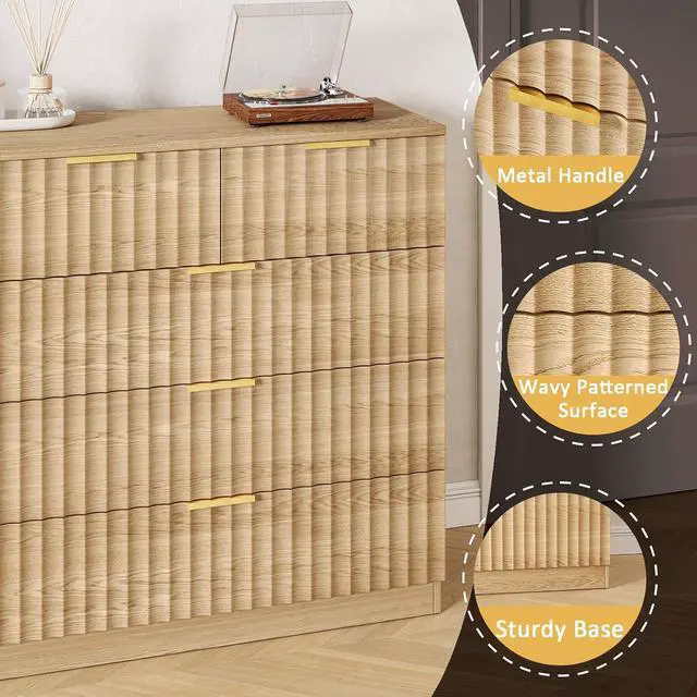 Alt view image 4 of 7 - 55.1" Wide Fluted 10 Drawer Dresser for Bedroom, Natural | Modern Dresser for Closet with Metal Handle, Wooden Chest of Drawers for Bedroom, Living Room, Hallway