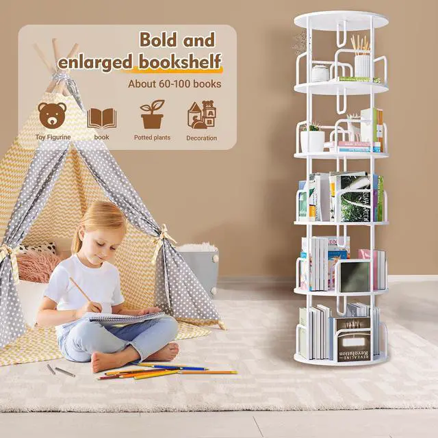 Alt view image 6 of 7 - 5 Tier Corner Bookshelf, 360° Rotating Metal Tall Bookcase wit Book Stopper, Space Saving Round Display Shelf Storage Tower, Plant Standing Organizer for Bedroom, Living Room, Small Space, White