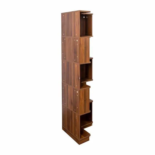 Alt view image 5 of 7 - 5 Tier Corner Bookshelf with LED Lights, L Shaped Wooden Book Shelves with Baffle, Round Edge Freestanding Tall Bookcase, Display Shelf Storage Stand for Living Room, Bedroom, Kitchen, Office, Walnut