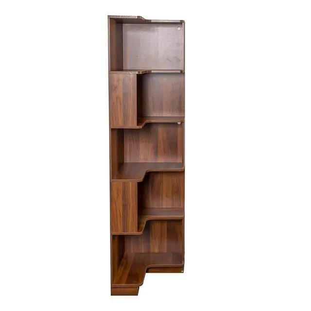 Alt view image 4 of 7 - 5 Tier Corner Bookshelf with LED Lights, L Shaped Wooden Book Shelves with Baffle, Round Edge Freestanding Tall Bookcase, Display Shelf Storage Stand for Living Room, Bedroom, Kitchen, Office, Walnut