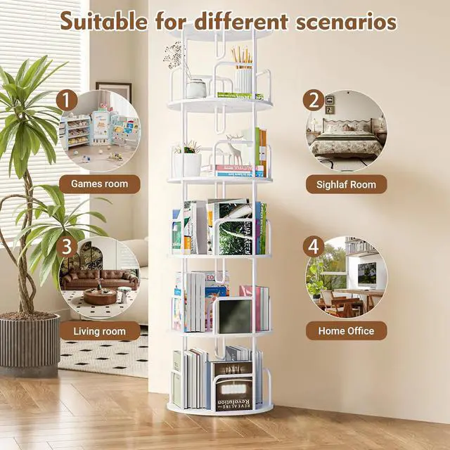 Alt view image 5 of 7 - 5 Tier Corner Bookshelf, 360° Rotating Metal Tall Bookcase wit Book Stopper, Space Saving Round Display Shelf Storage Tower, Plant Standing Organizer for Bedroom, Living Room, Small Space, White