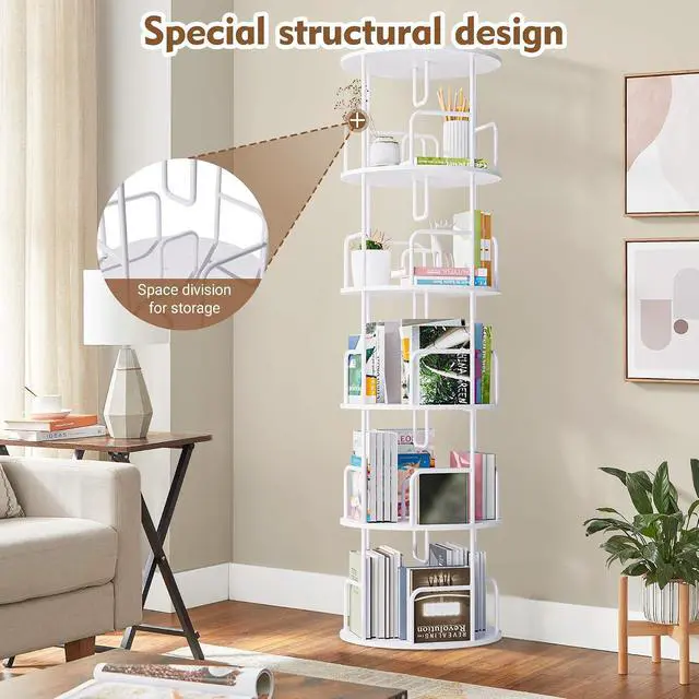 Alt view image 4 of 7 - 5 Tier Corner Bookshelf, 360° Rotating Metal Tall Bookcase wit Book Stopper, Space Saving Round Display Shelf Storage Tower, Plant Standing Organizer for Bedroom, Living Room, Small Space, White