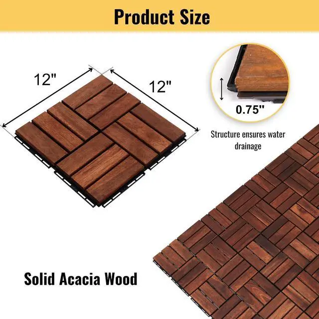 Alt view image 3 of 7 - 20PCS Wooden Interlocking Deck Tiles,12" x 12" Square Floor Tiles, Modular Acacia Hardwood Patio Flooring Mats Outdoor Waterproof,Garage Floor Tiles for Bancony,Pool Side,Checker Pattern,Brown