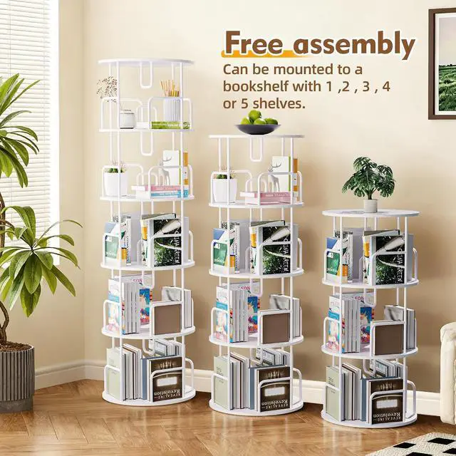 Alt view image 7 of 7 - 5 Tier Corner Bookshelf, 360° Rotating Metal Tall Bookcase wit Book Stopper, Space Saving Round Display Shelf Storage Tower, Plant Standing Organizer for Bedroom, Living Room, Small Space, White