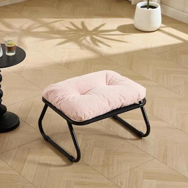Alt view image 6 of 7 - Outdoor Patio Chair with Foot Stool, Corduroy Armless Accent Lounge Chair with Removable Puffy Cushion, Metal Frame and Footrest for Living Room, Bedroom, Reading Room, Pink