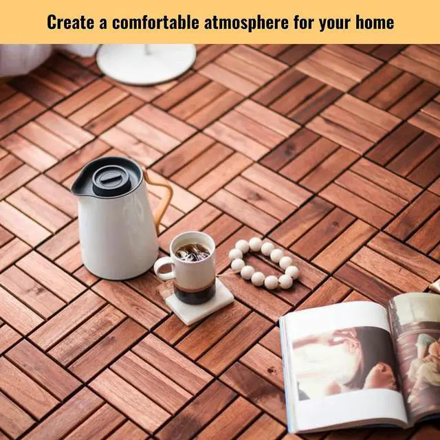 Alt view image 5 of 7 - 20PCS Wooden Interlocking Deck Tiles,12" x 12" Square Floor Tiles, Modular Acacia Hardwood Patio Flooring Mats Outdoor Waterproof,Garage Floor Tiles for Bancony,Pool Side,Checker Pattern,Brown
