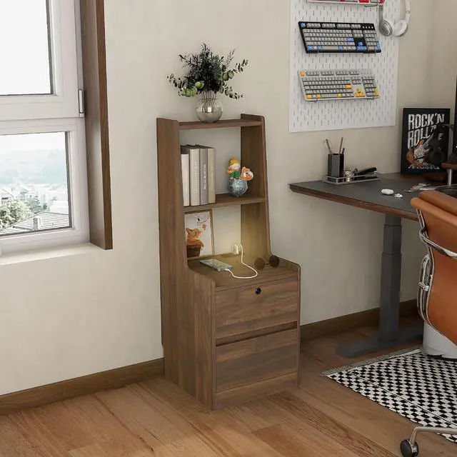 Alt view image 4 of 7 - Tall Nightstand with Charging Station, 41" Walnut Bookshelf Nightstand with Night Light, Bed Bedside Tables with Shelves and Drawers for Bedroom, Dorm, Living Room, Wood
