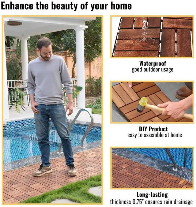 Alt view image 4 of 7 - 20PCS Wooden Interlocking Deck Tiles,12" x 12" Square Floor Tiles, Modular Acacia Hardwood Patio Flooring Mats Outdoor Waterproof,Garage Floor Tiles for Bancony,Pool Side,Checker Pattern,Brown