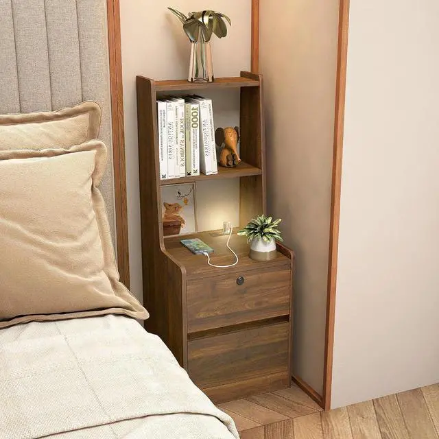 Alt view image 3 of 7 - Tall Nightstand with Charging Station, 41" Walnut Bookshelf Nightstand with Night Light, Bed Bedside Tables with Shelves and Drawers for Bedroom, Dorm, Living Room, Wood