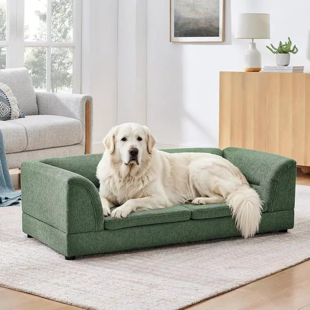 Main image of Elevated Large Dog Bed with 2 Removable Cushion, Olive Green | Raised Pet Sofa with Washable Cushion Cover, Furniture Style Linen Fabric Dog Couch for Large Dogs, 100lbs Load Capacity