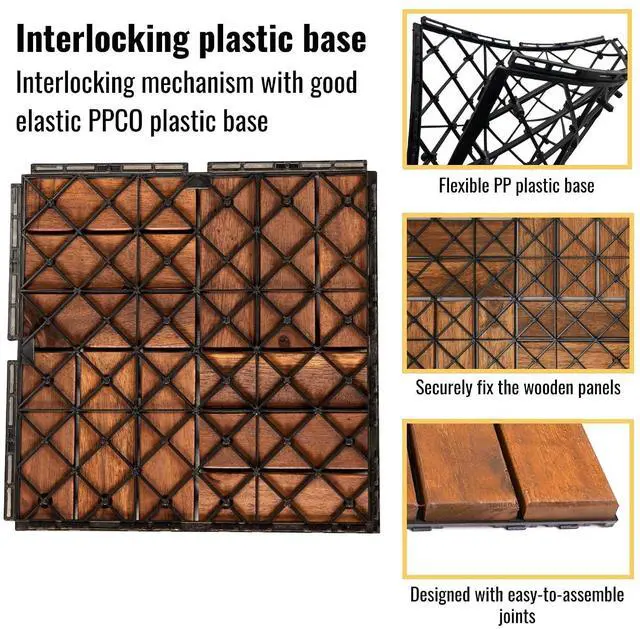 Alt view image 6 of 7 - 20PCS Wooden Interlocking Deck Tiles,12" x 12" Square Floor Tiles, Modular Acacia Hardwood Patio Flooring Mats Outdoor Waterproof,Garage Floor Tiles for Bancony,Pool Side,Checker Pattern,Brown