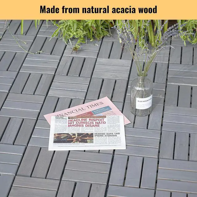 Alt view image 2 of 7 - 30PCS Wooden Interlocking Deck Tiles,12" x 12" Square Floor Tiles, Modular Acacia Hardwood Patio Flooring Mats Outdoor Waterproof,Garage Floor Tiles for Bancony,Pool Side,Checker Pattern,Gray