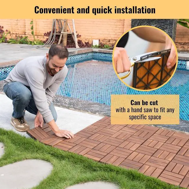 Alt view image 7 of 7 - 20PCS Wooden Interlocking Deck Tiles,12" x 12" Square Floor Tiles, Modular Acacia Hardwood Patio Flooring Mats Outdoor Waterproof,Garage Floor Tiles for Bancony,Pool Side,Checker Pattern,Brown