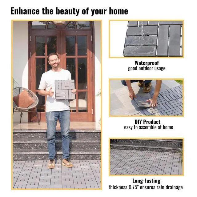 Alt view image 4 of 7 - 30PCS Wooden Interlocking Deck Tiles,12" x 12" Square Floor Tiles, Modular Acacia Hardwood Patio Flooring Mats Outdoor Waterproof,Garage Floor Tiles for Bancony,Pool Side,Checker Pattern,Gray